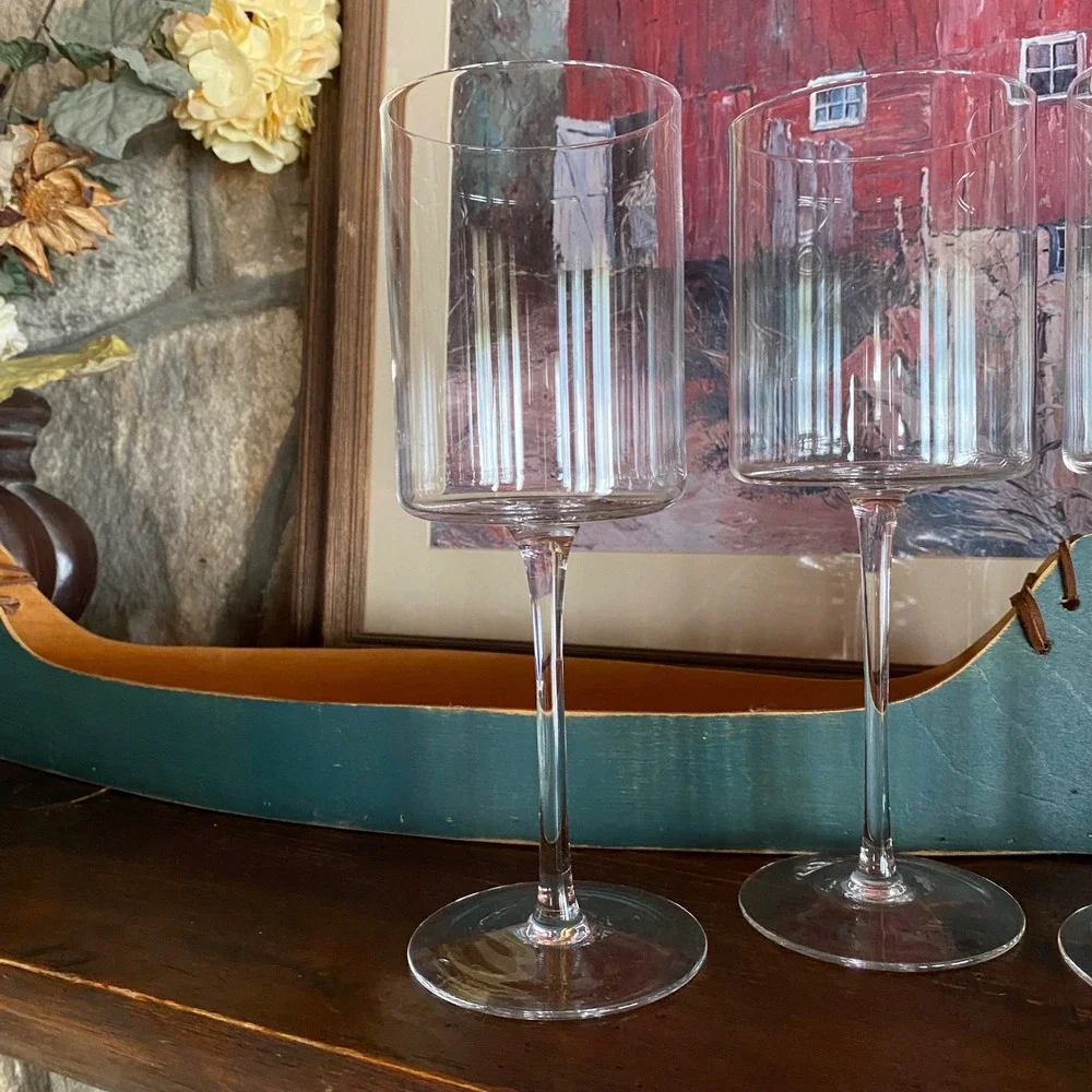 Vintage MCM Style Flat Bottom Cylinder Wine Glasses - Set of 4 Clear Stemware 9